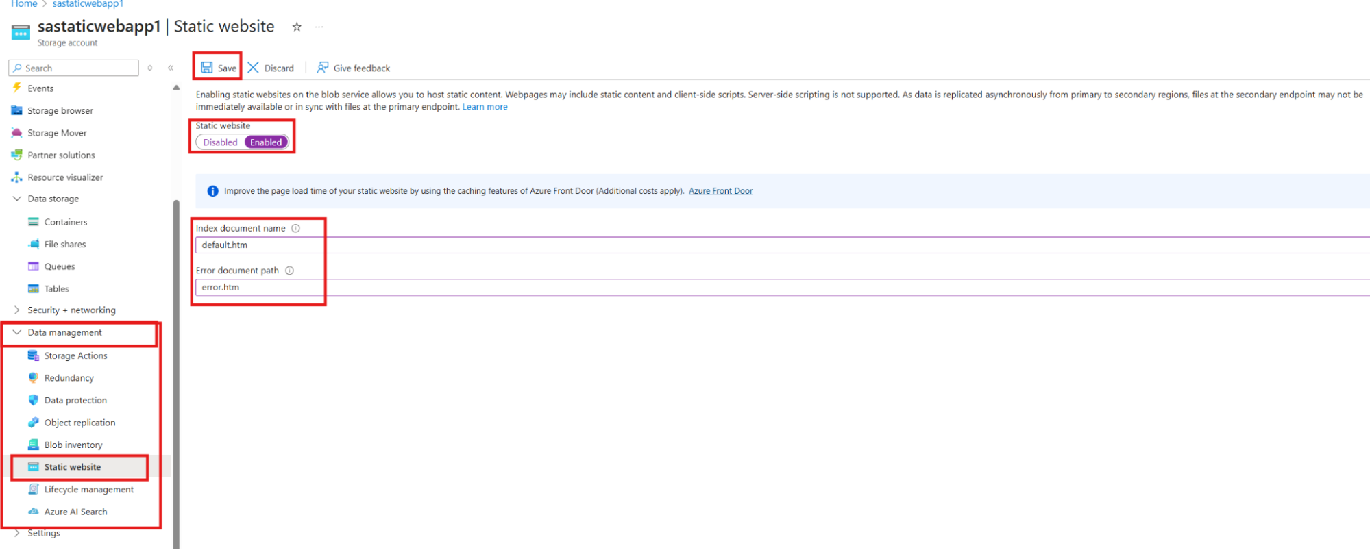 Screenshot of the 'Static website' configuration pane in the Azure portal