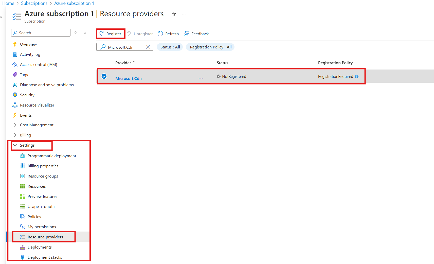 Registering the Microsoft.Cdn resource provider