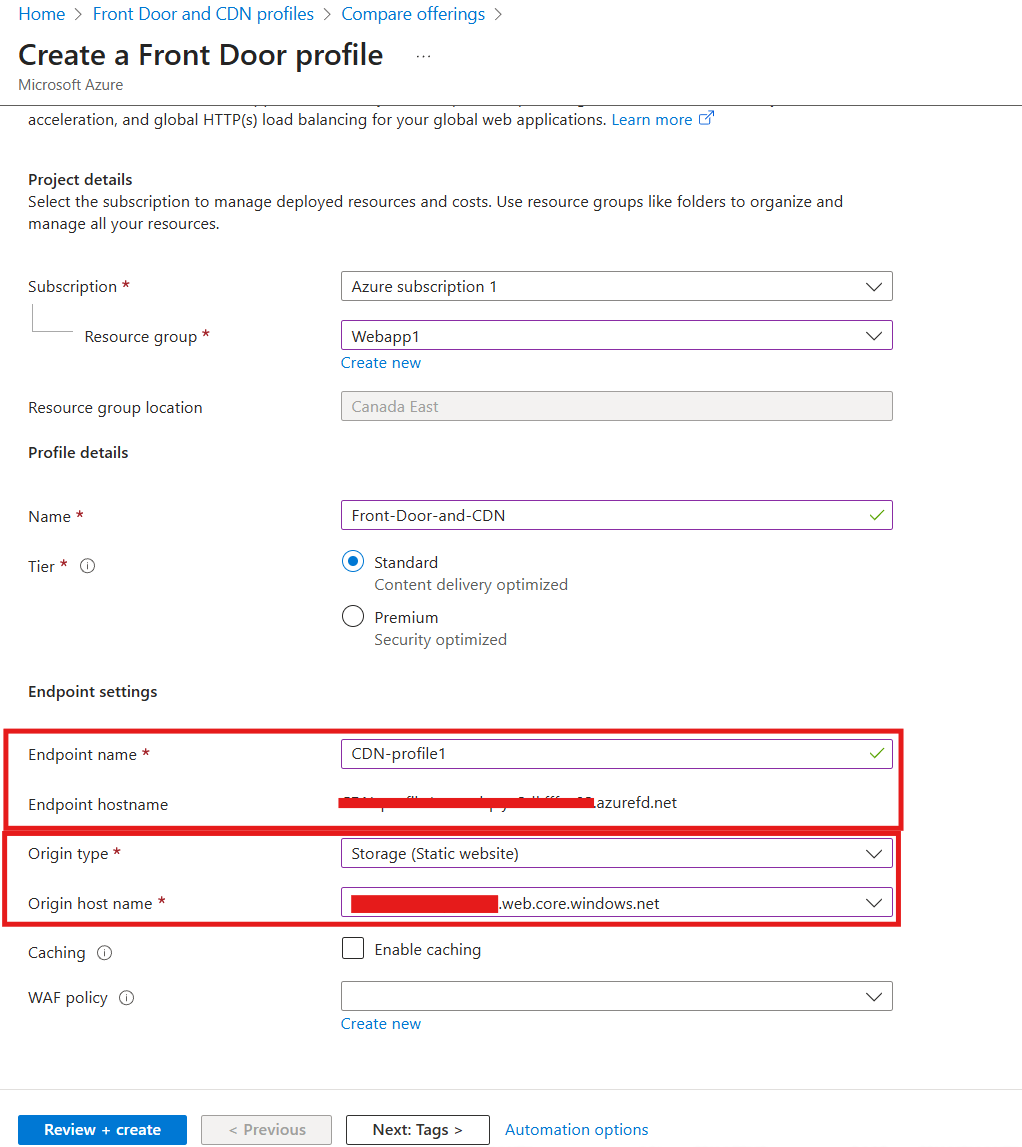 Creating the Front Door profile with endpoint settings