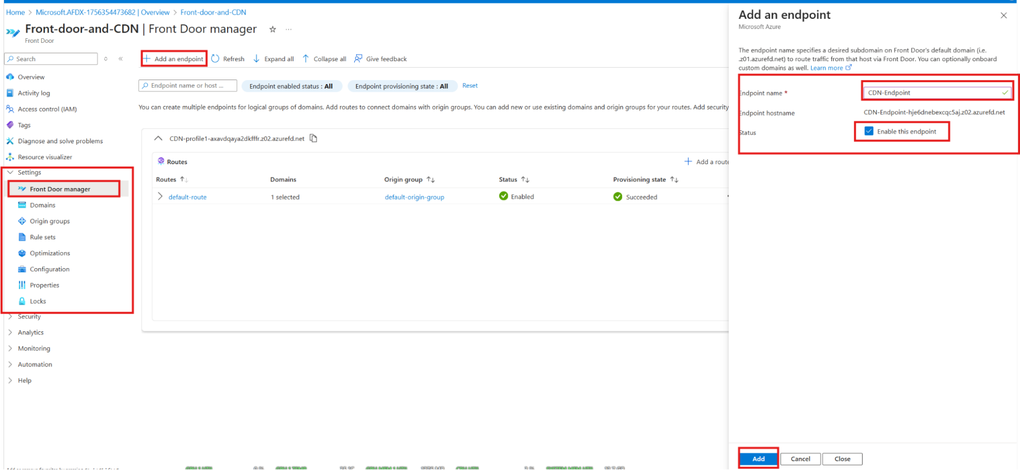 Adding an endpoint in Front Door manager