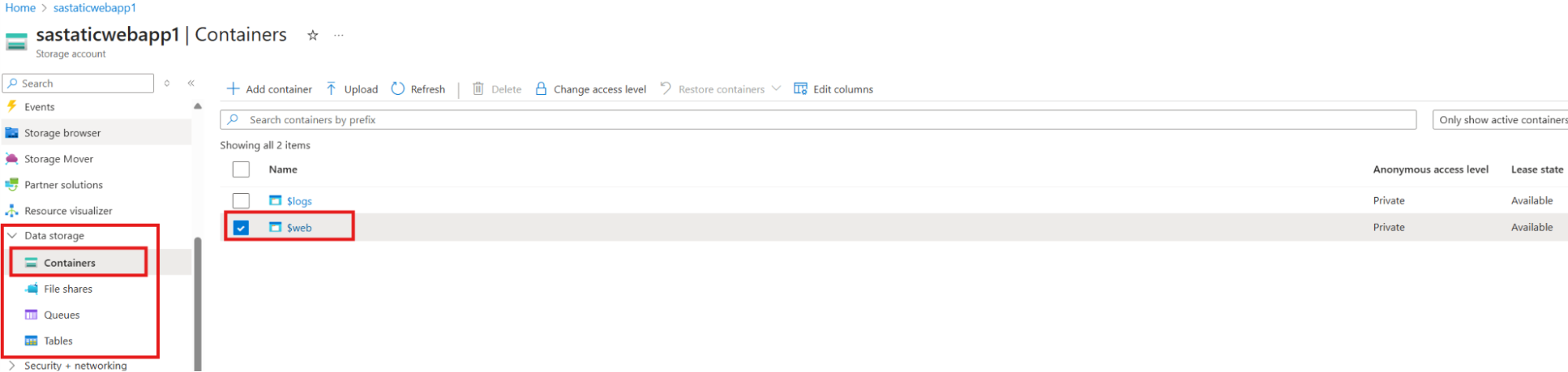 Screenshot showing the automatically created '$web' container under 'Containers'