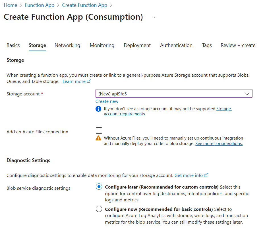 Storage Tab Configuration