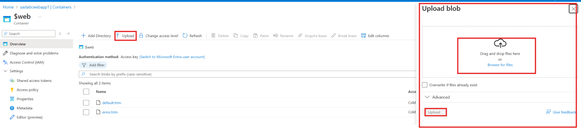 Uploading a blob in Azure portal