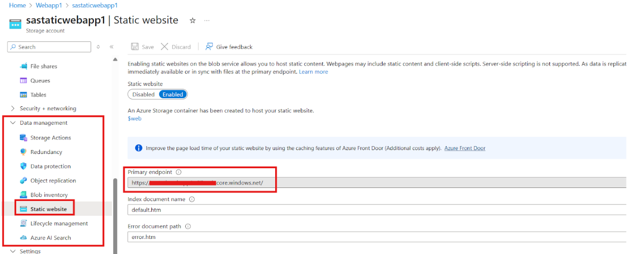 Static website primary endpoint URL