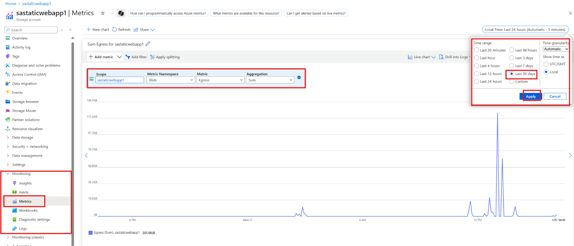 Azure storage account metrics dashboard