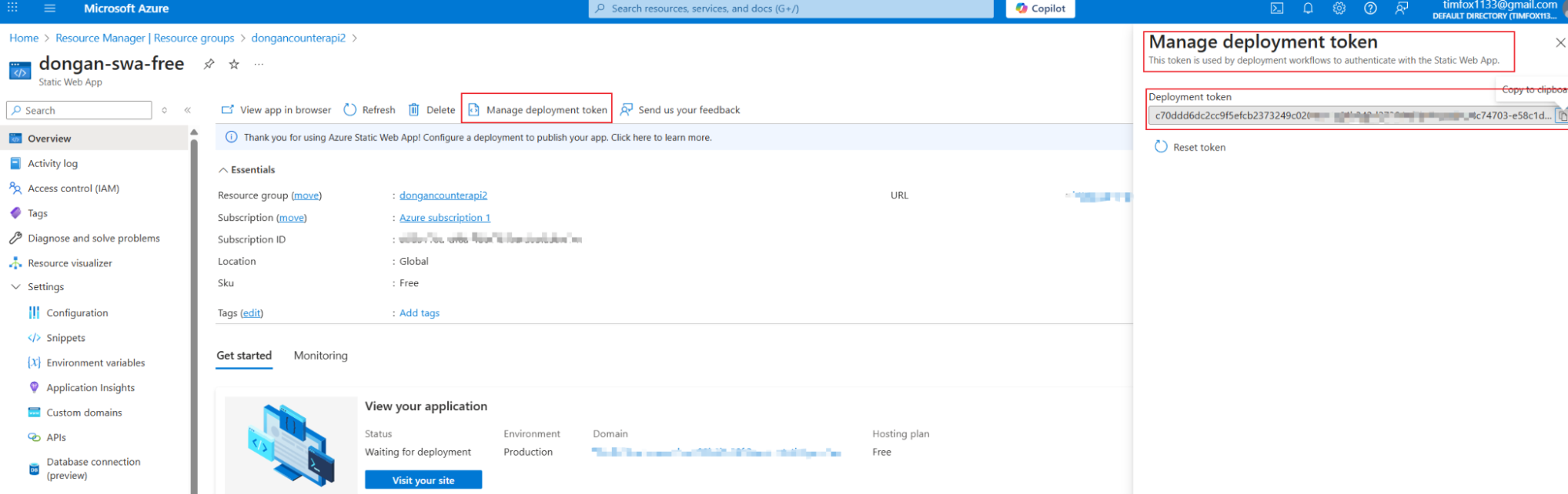 Manage deployment token in Azure portal