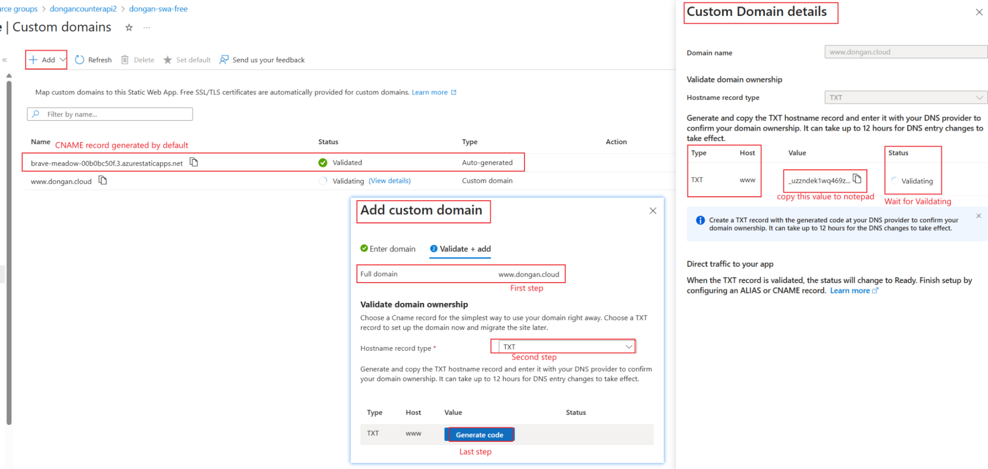 Azure add custom domain validation steps
