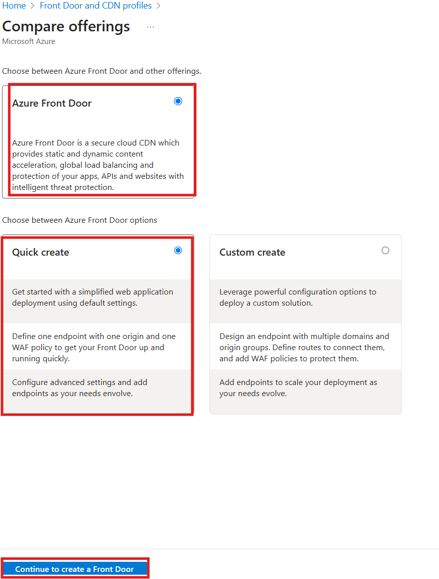 Selecting Azure Front Door quick create